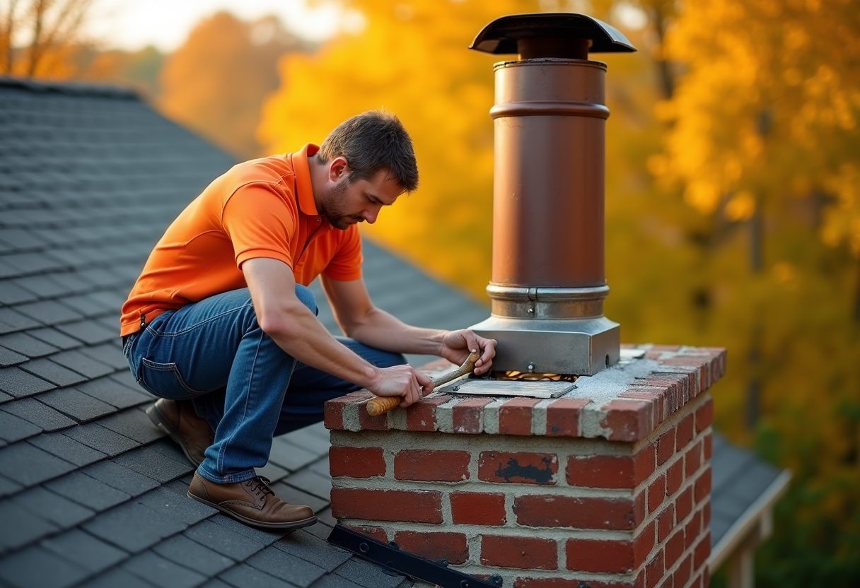Technician repairing a brick chimney crown — Shoreline